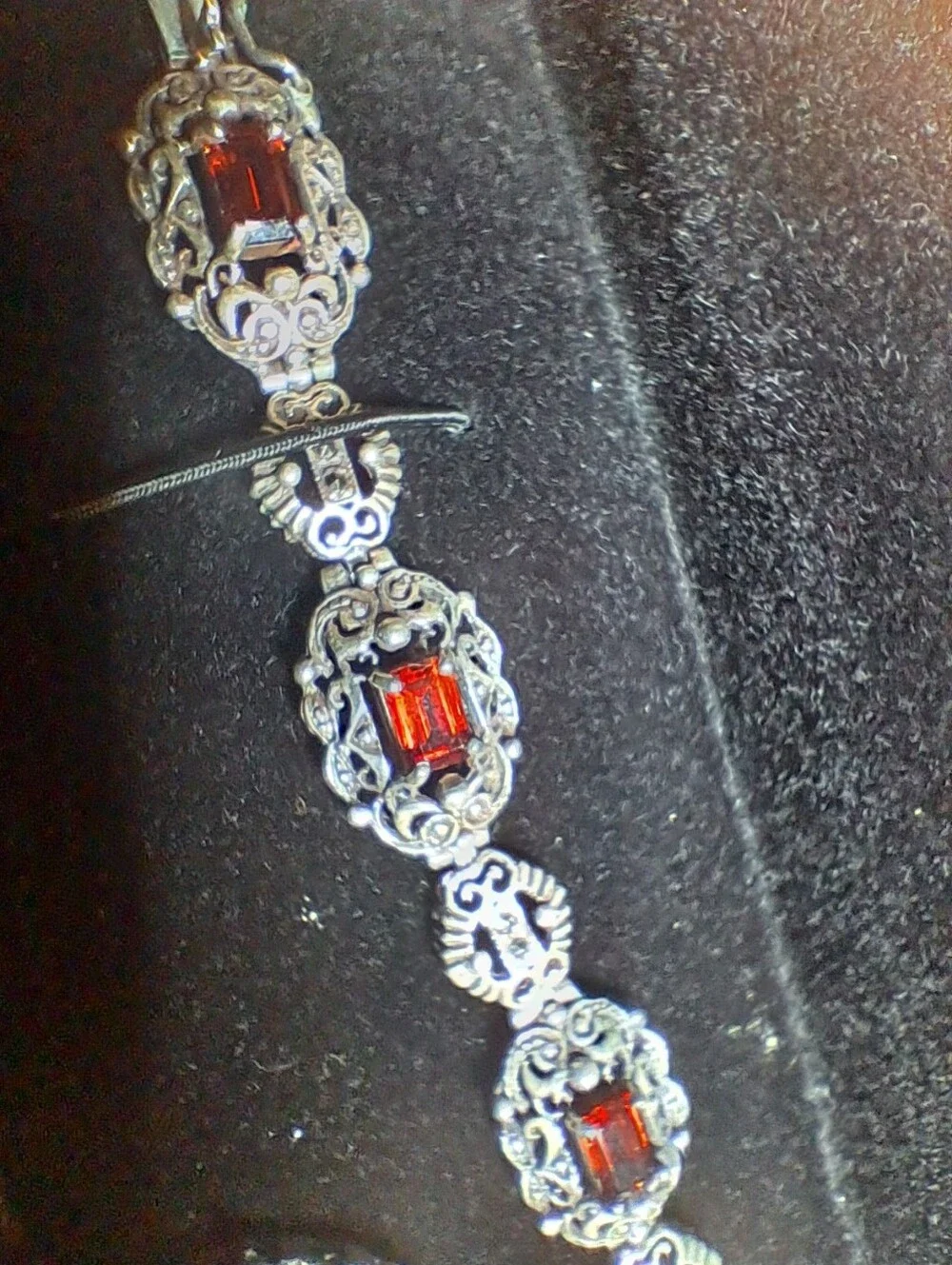 VTG 925 Sterling Silver Garnet Marcasite Filigree Link Bracelet & Earrings Set